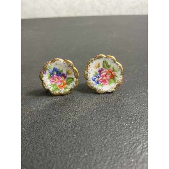 Limoges France Vintage Floral Porcelain Screw Back Earrings With Gold Trim For W - Picture 1 of 3